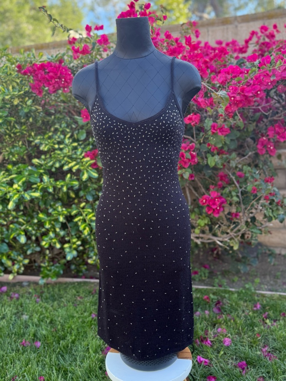 LAST CHANCE! Papell Boutique Black Crochet Midi Dress w/ Silver Bead Accents - Picture 2 of 8
